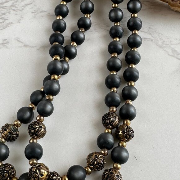 Vintage Boho Choker, Double Strand Black Beads, Brass Filigree, 1960s Tribal - Picture 3 of 8